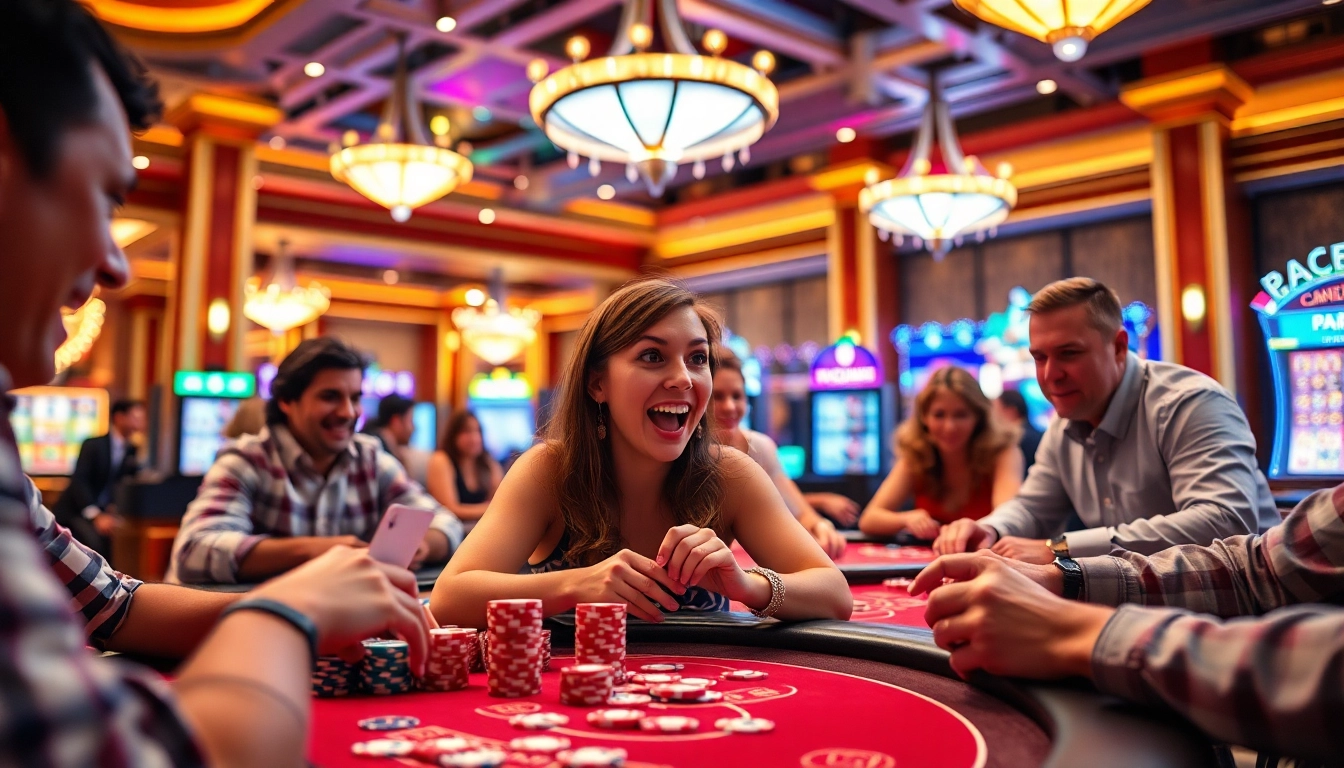 Vibrant casino en ligne scene with players enjoying card games amid colorful lights.