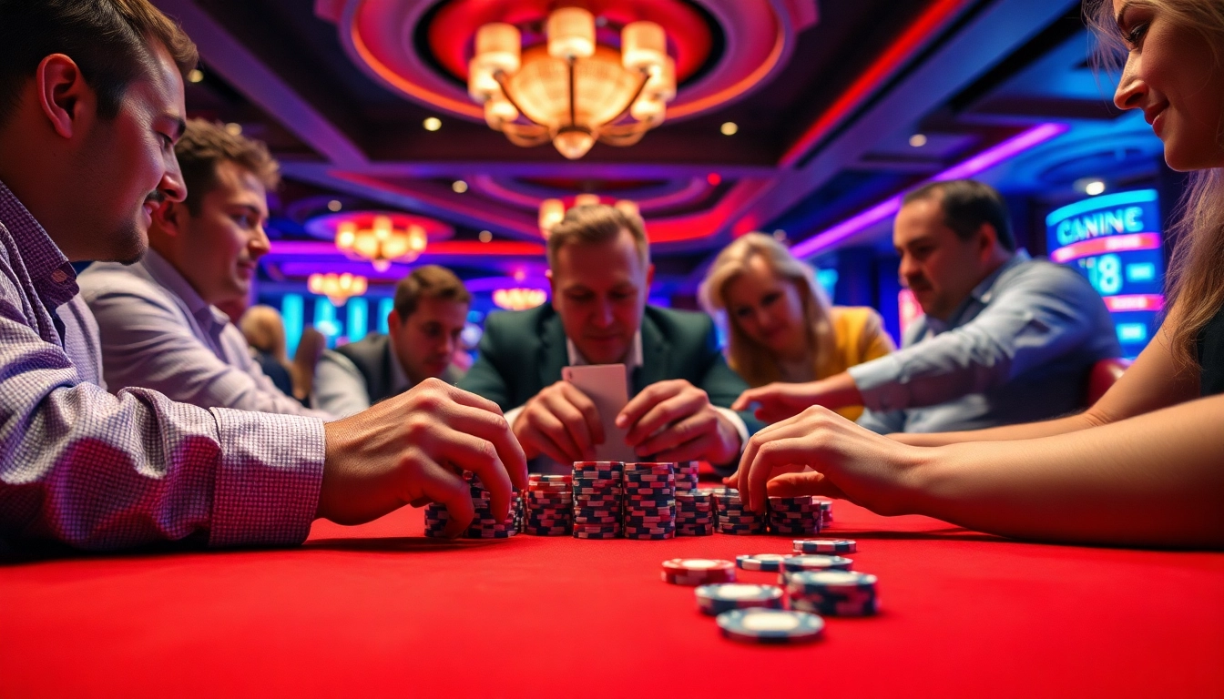 Joueurs expérimentés en train de jouer au poker en ligne avec des jetons et des cartes.