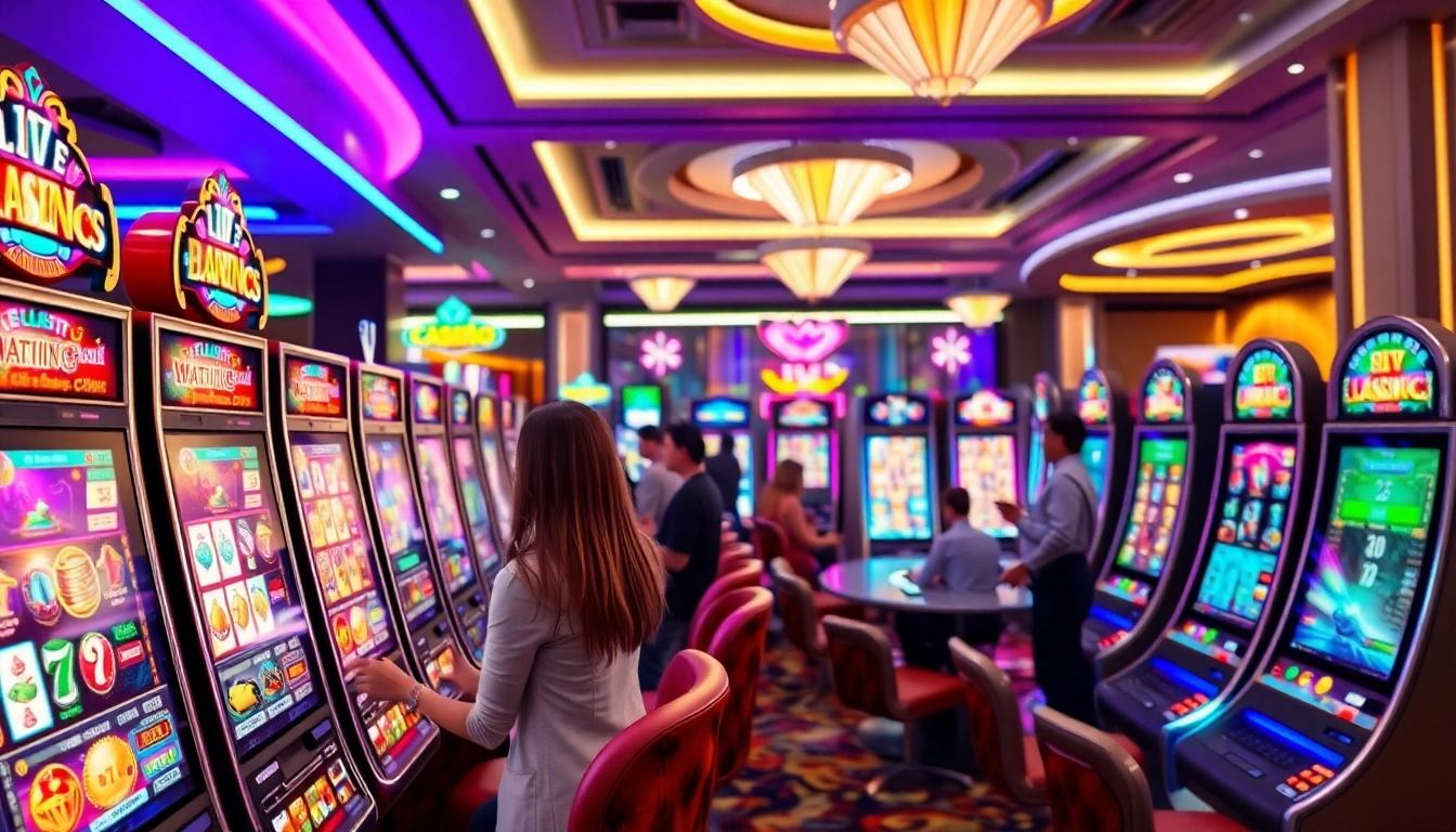 Jouer à des jeux passionnants de casino en ligne, avec des machines à sous colorées et des tables de jeux en arrière-plan.