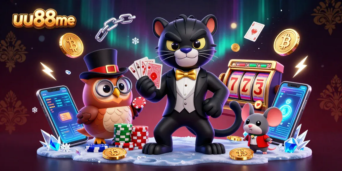 uu88me engages players with a stylish panther dealing cards, an owl with poker chips, and vibrant casino elements.