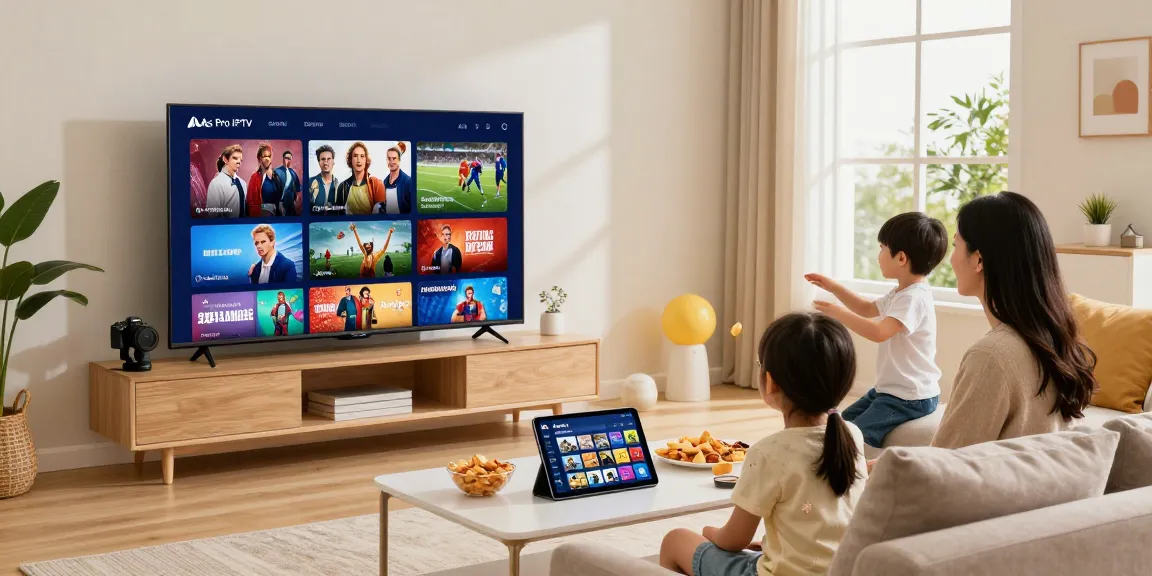 Famille appréciant Atlas Pro IPTV dans un salon moderne, écran de télévision avec divers contenus.