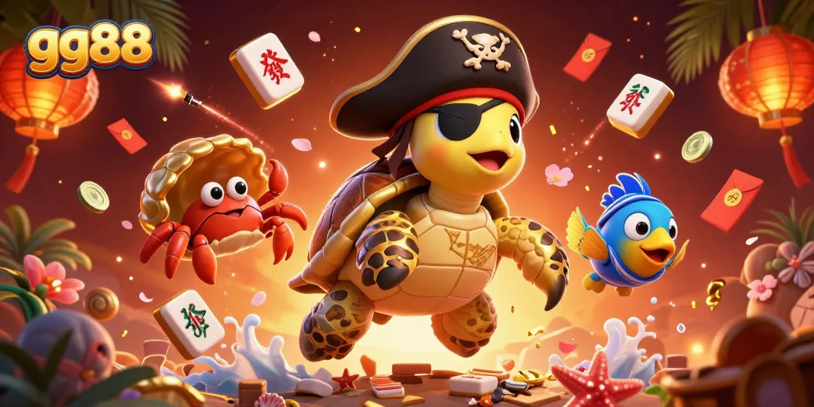 Engage with gg88's vibrant gaming adventure featuring a pirate turtle and treasure amidst casino elements.
