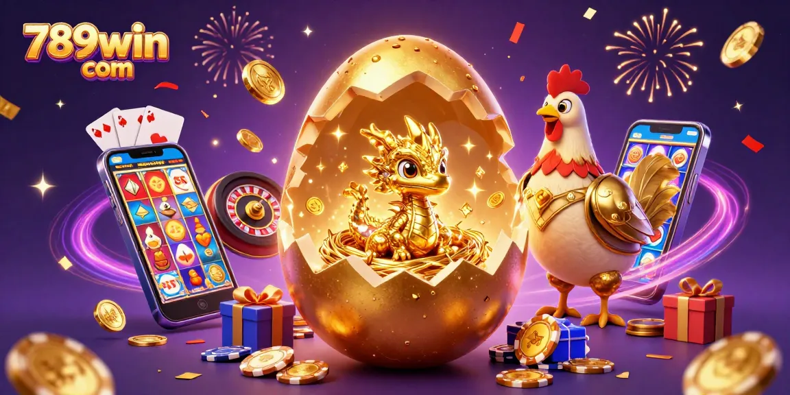 Engage with thrilling gameplay at 789win com as a dazzling baby dragon emerges from a golden egg surrounded by vibrant casino elements.