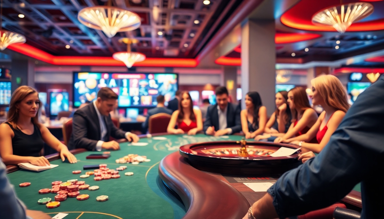 Visiteurs heureux jouant au casino en ligne, plongés dans l'excitation des jeux de table. related image