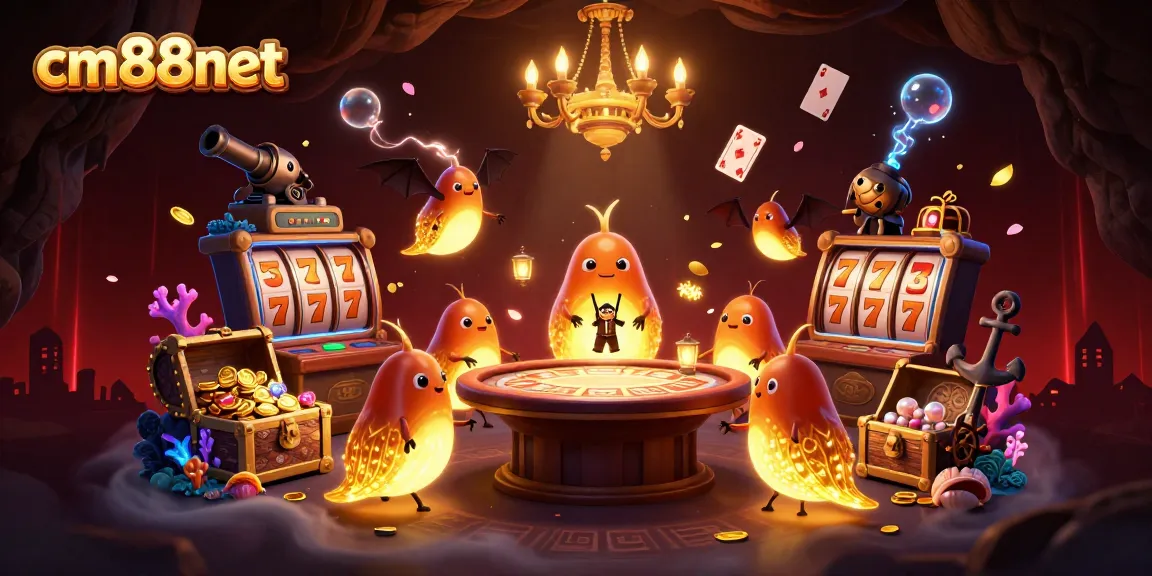 Experience thrilling gaming at cm88net with vibrant 3D casino illustration filled with glowing characters and slot elements.