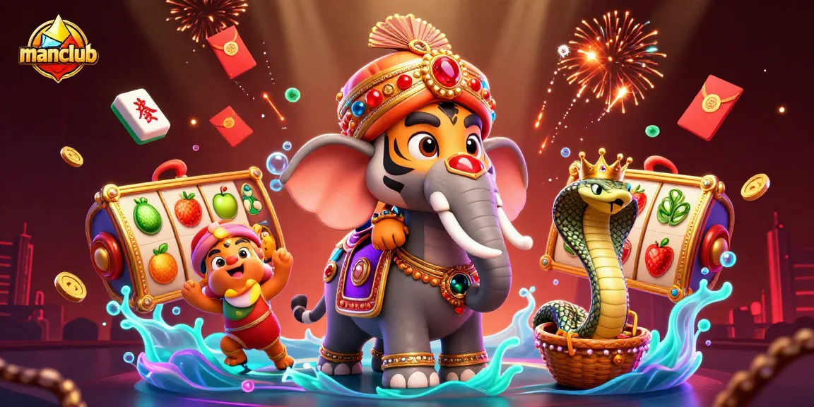 Experience exhilarating wins at manclub with vibrant slot reels, a majestic elephant, and rich casino elements.