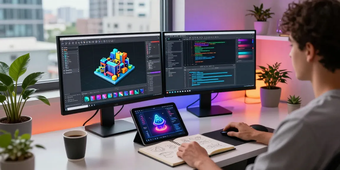 Modèle 3D généré avec le générateur 3D IA, développeur dans un espace de travail moderne, ambiance créative