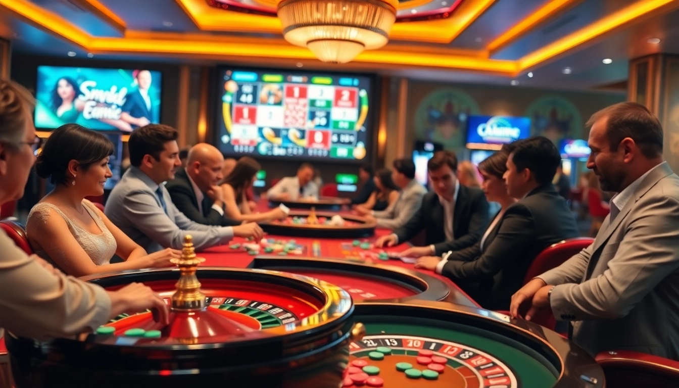 Visiteurs heureux jouant au casino en ligne, plongés dans l'excitation des jeux de table.