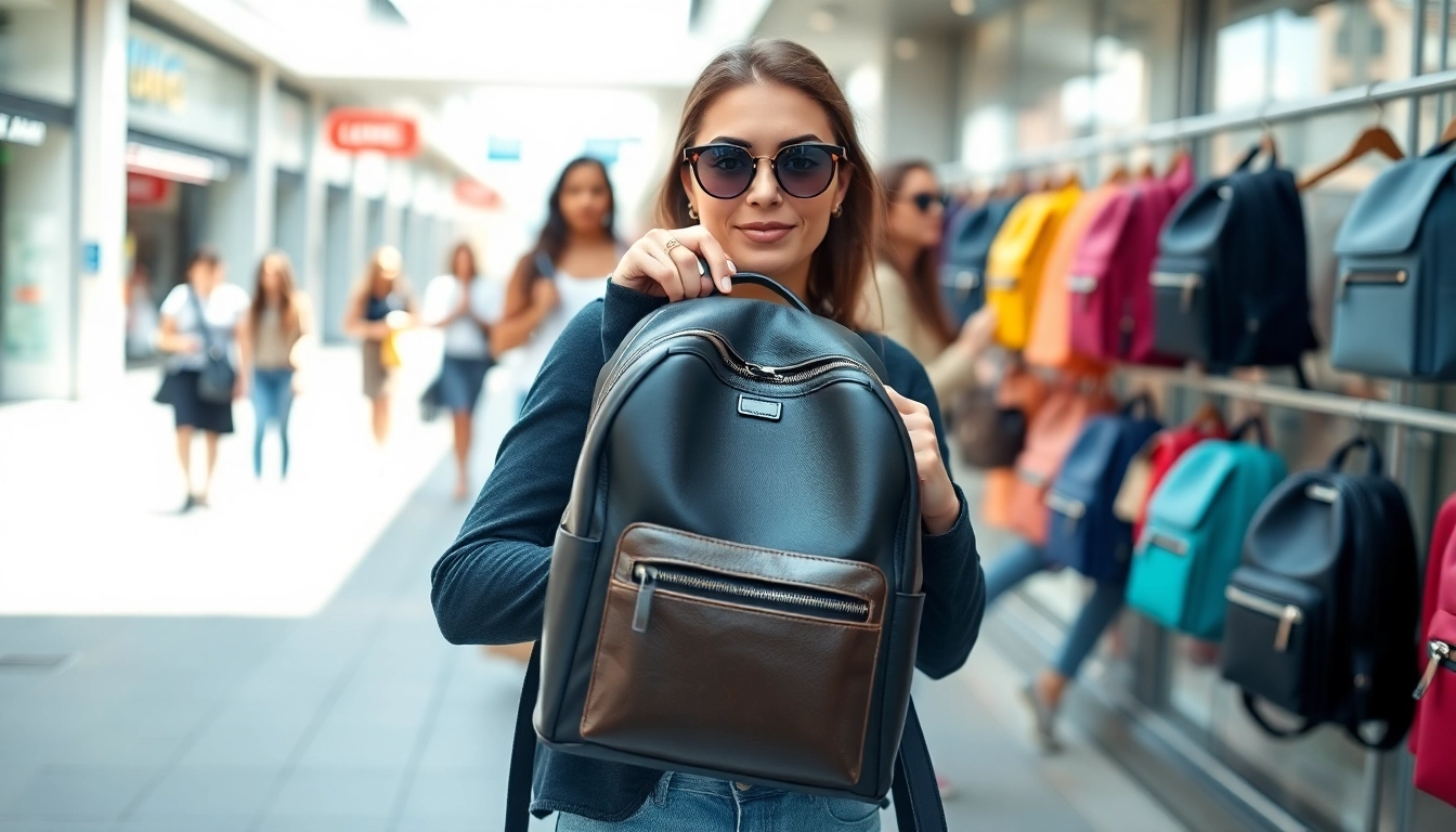 Sac à dos femme élégant avec des couleurs variées, femme souriante en milieu urbain.