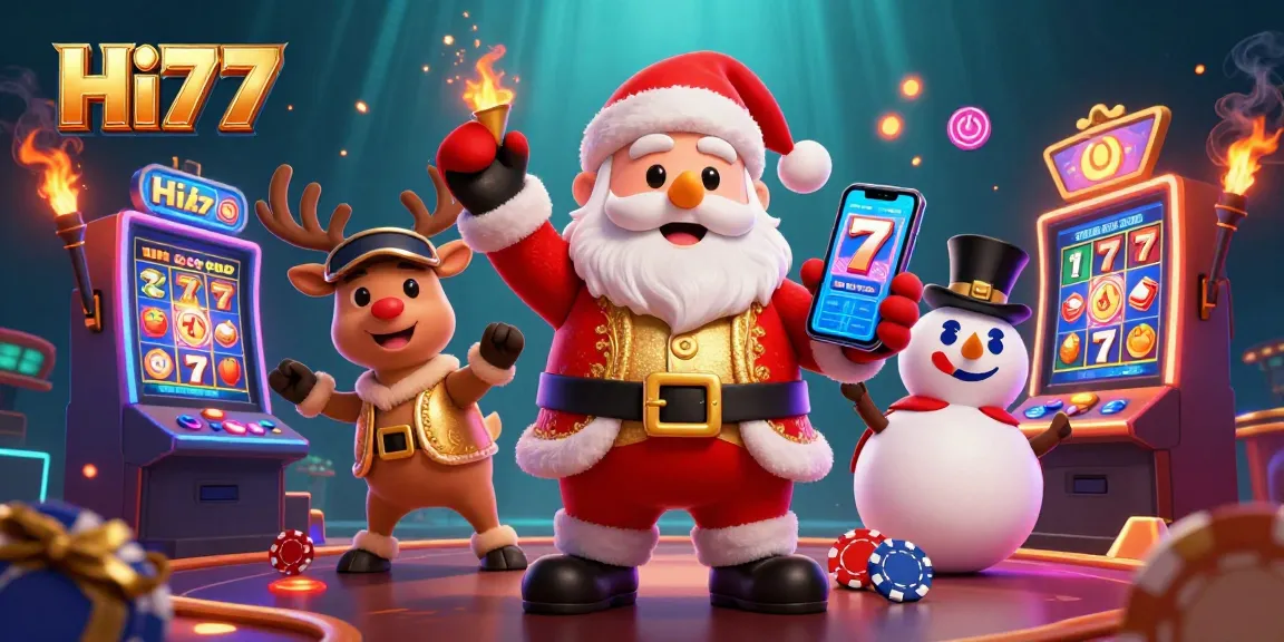 Join Hi77 for thrilling jackpots with Santa Claus in a vibrant casino scene.