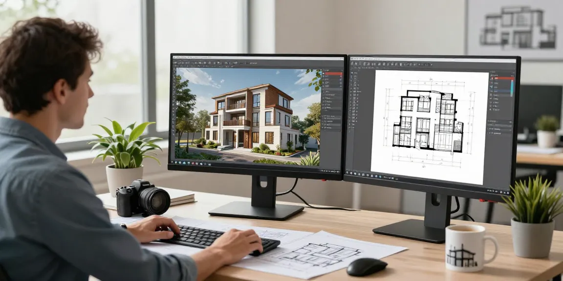 Création d'un modèle 3D architecture IA dans un espace de travail architectural moderne avec des écrans doubles et un éclairage naturel.