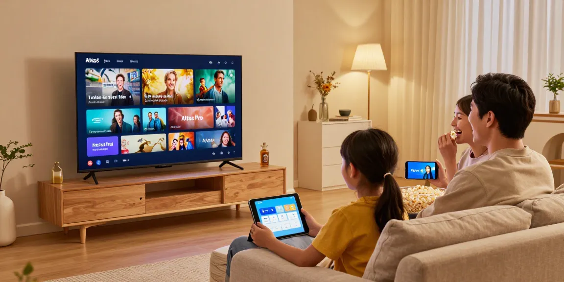 Famille profitant du service de streaming Atlas Pro sur Smart TV tout en partageant du pop-corn et des rires.