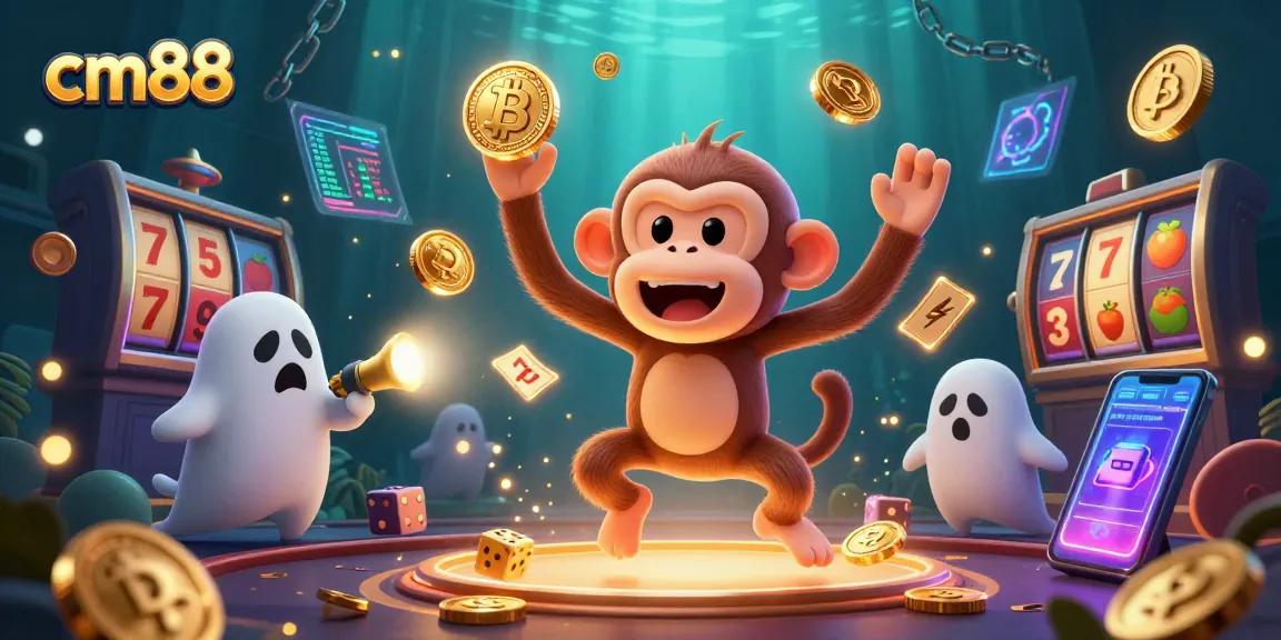 Experience thrilling gameplay at cm88 with a lively scene of a mischievous monkey juggling golden coins in a haunted casino.