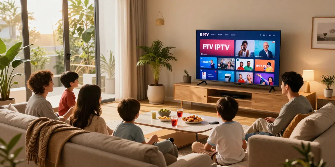 Expérience IPTV France dans un salon moderne avec une famille regardant des chaînes en direct.