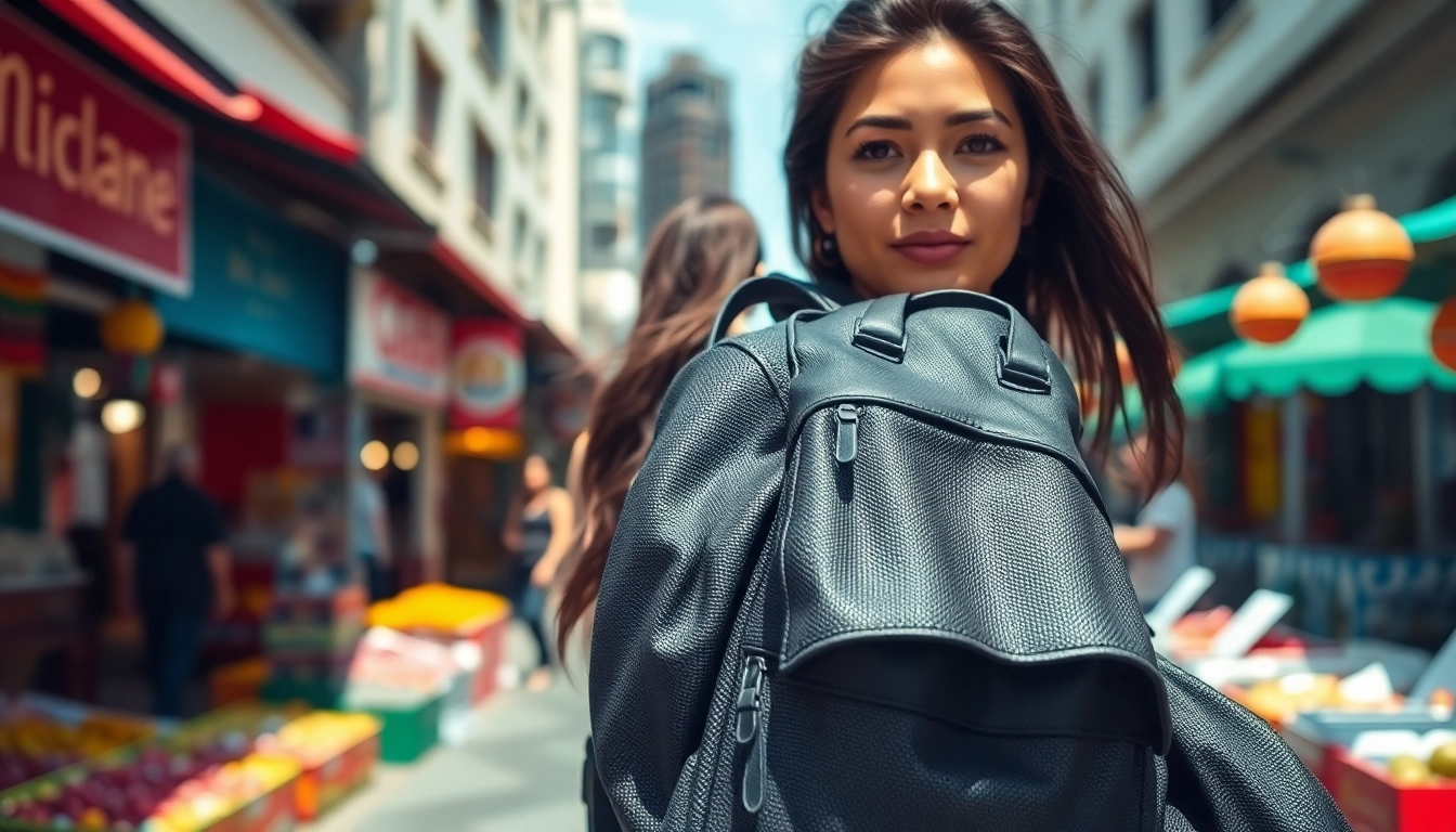 Meticulous display of a sac à dos femme showcasing trendy designs in an urban market.