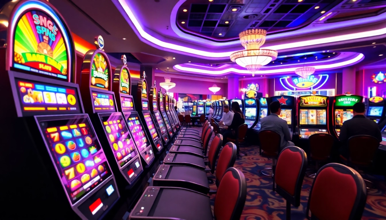 Jouer à des jeux passionnants de casino en ligne, avec des machines à sous colorées et des tables de jeux en arrière-plan. related image