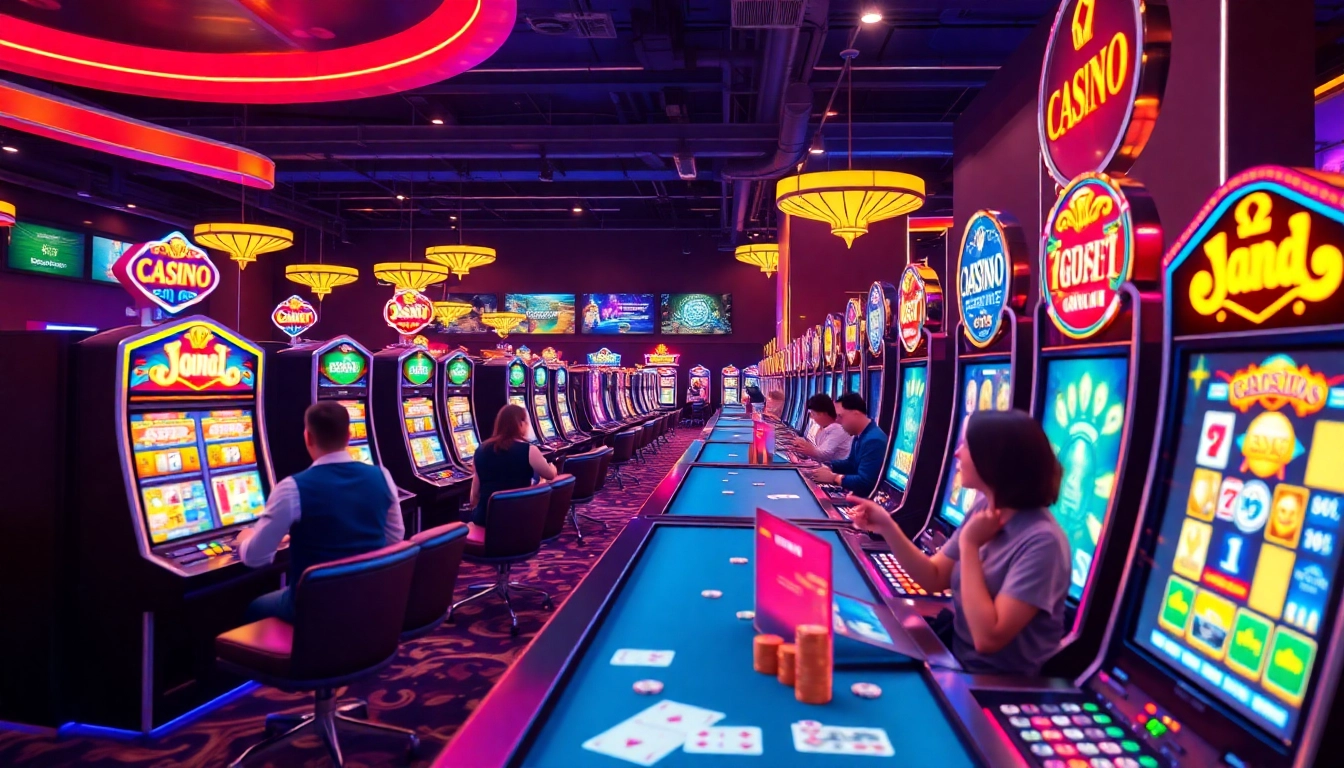Vibrant scene from a casino en ligne with excited players at slot machines.