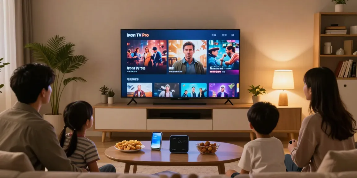 Famille profitant d'IRON TV PRO sur grand écran dans un salon chaleureux