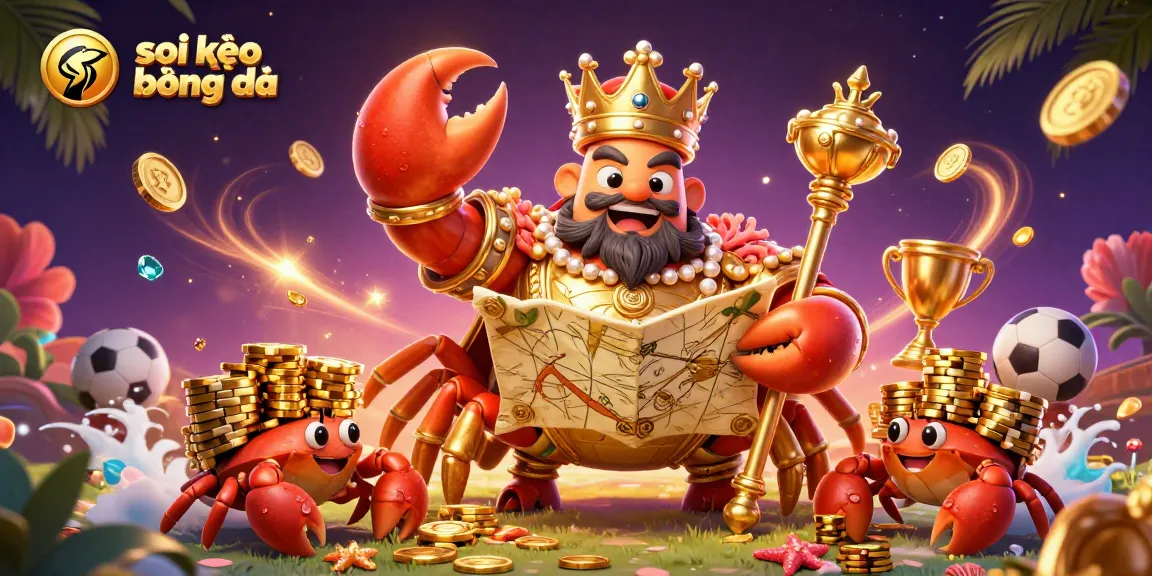 Engage in soi kèo bóng đá with vivid 3D imagery of golden crab king, sports elements, and festive ambiance.