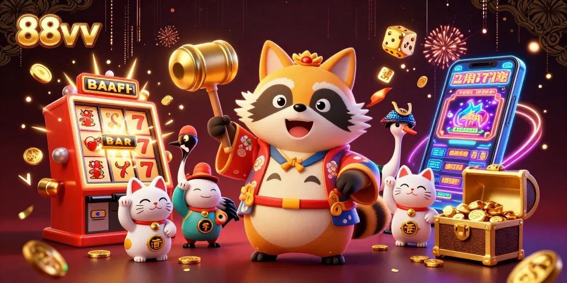88vv jackpot celebration featuring cartoon tanuki, vibrant casino elements, and dynamic gaming atmosphere.