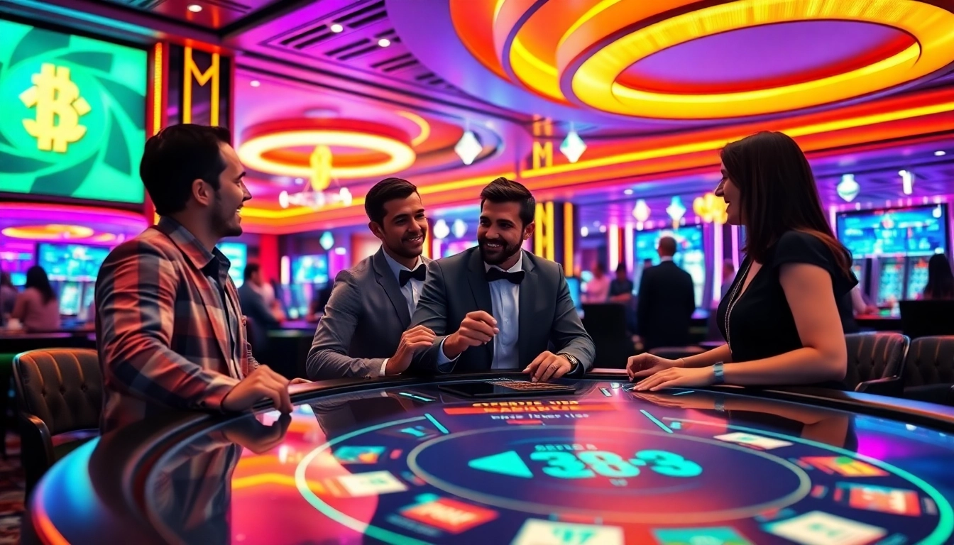 Expérience immersive d'un crypto casino, mettant en valeur des tables de jeu modernes et des joueurs engagés.