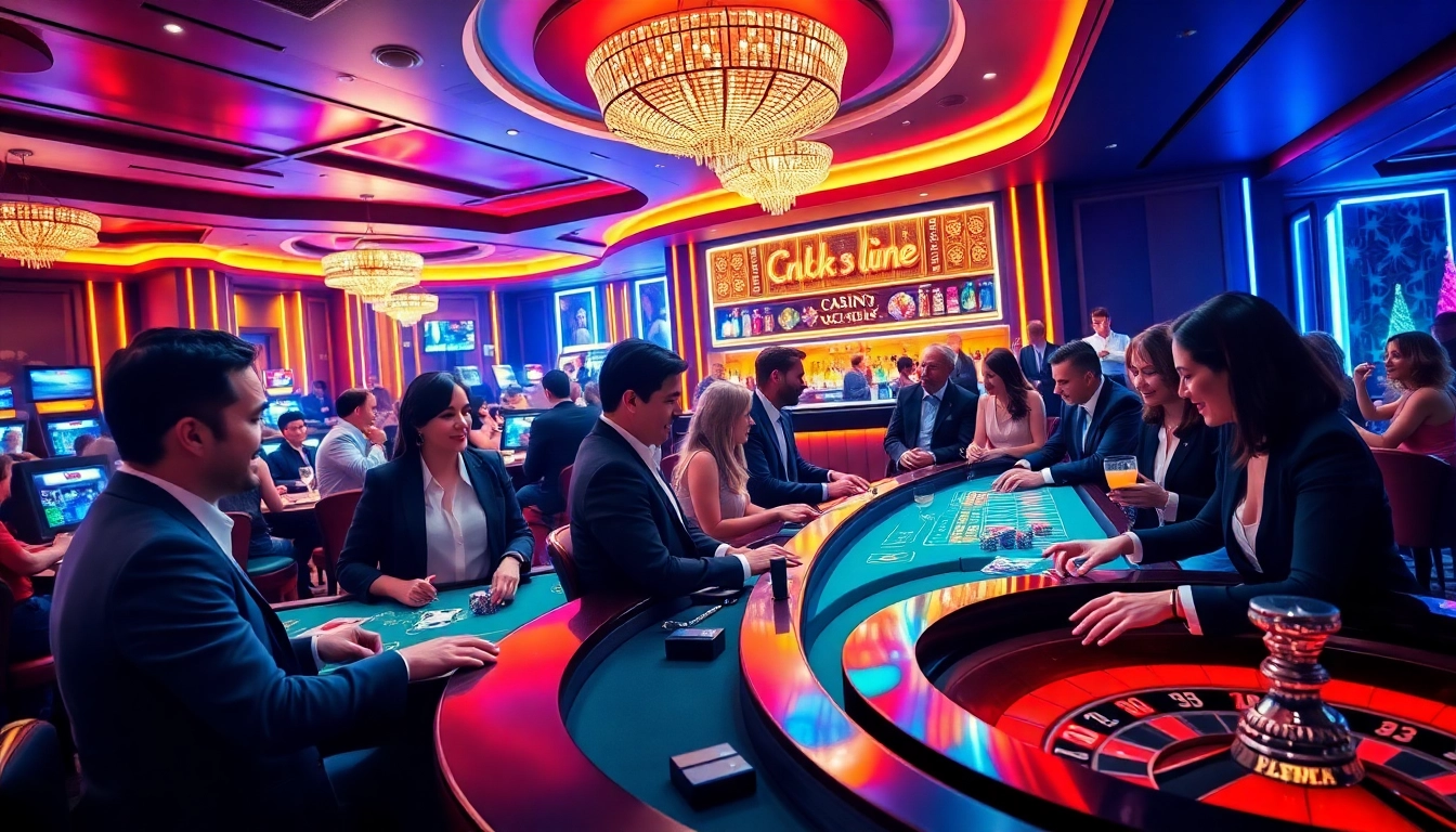 Joueurs enthousiastes jouant à casino en ligne entourés de lumières vives et d'une ambiance glamour.