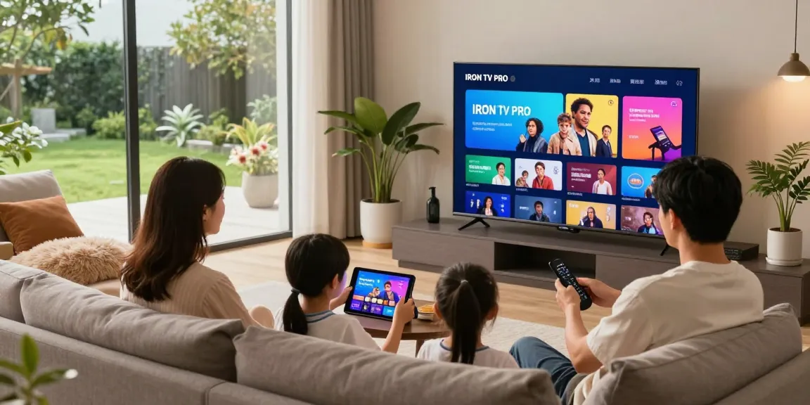 Une famille profitant du streaming de chaînes en direct avec IRON TV PRO dans un salon confortable.