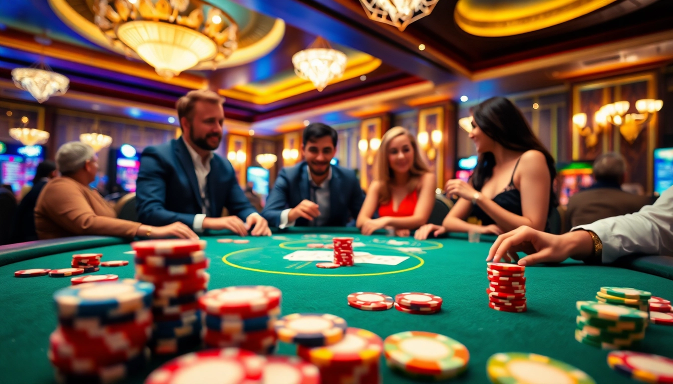 Les jeux de casino en ligne avec des joueurs engagés autour d'une table de poker colorée.