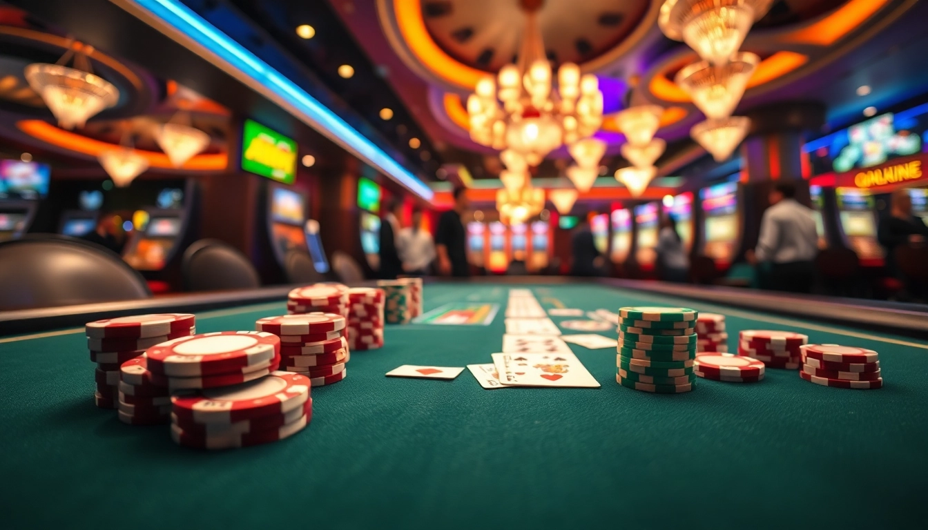 Jouer à des jeux de casino en ligne sur une table élégante avec des jetons et des cartes colorés. related image