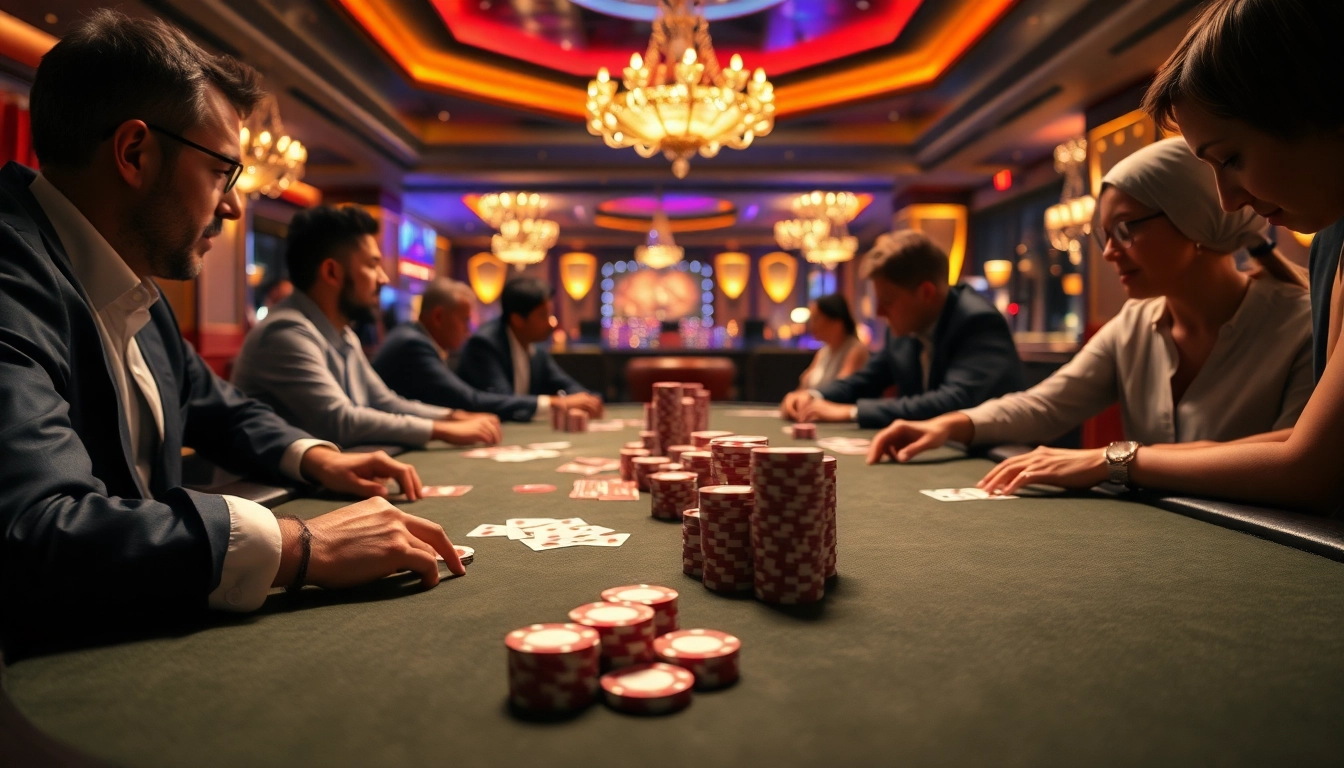 Expérience passionnante de poker en ligne avec des joueurs concentrés autour d'une table élégante.