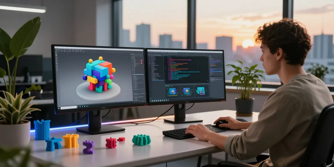 Person using a generateur 3D IA to create models instantly in a modern workspace with vibrant 3D displays.