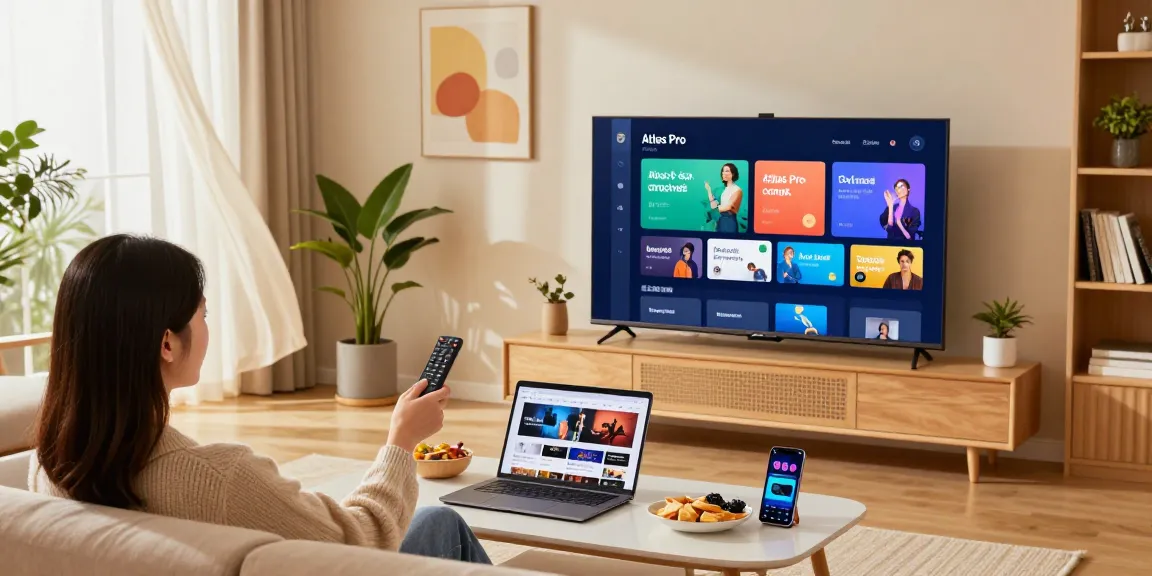 Enjoying Atlas Pro streaming experience in a cozy living room with smart TV setup.