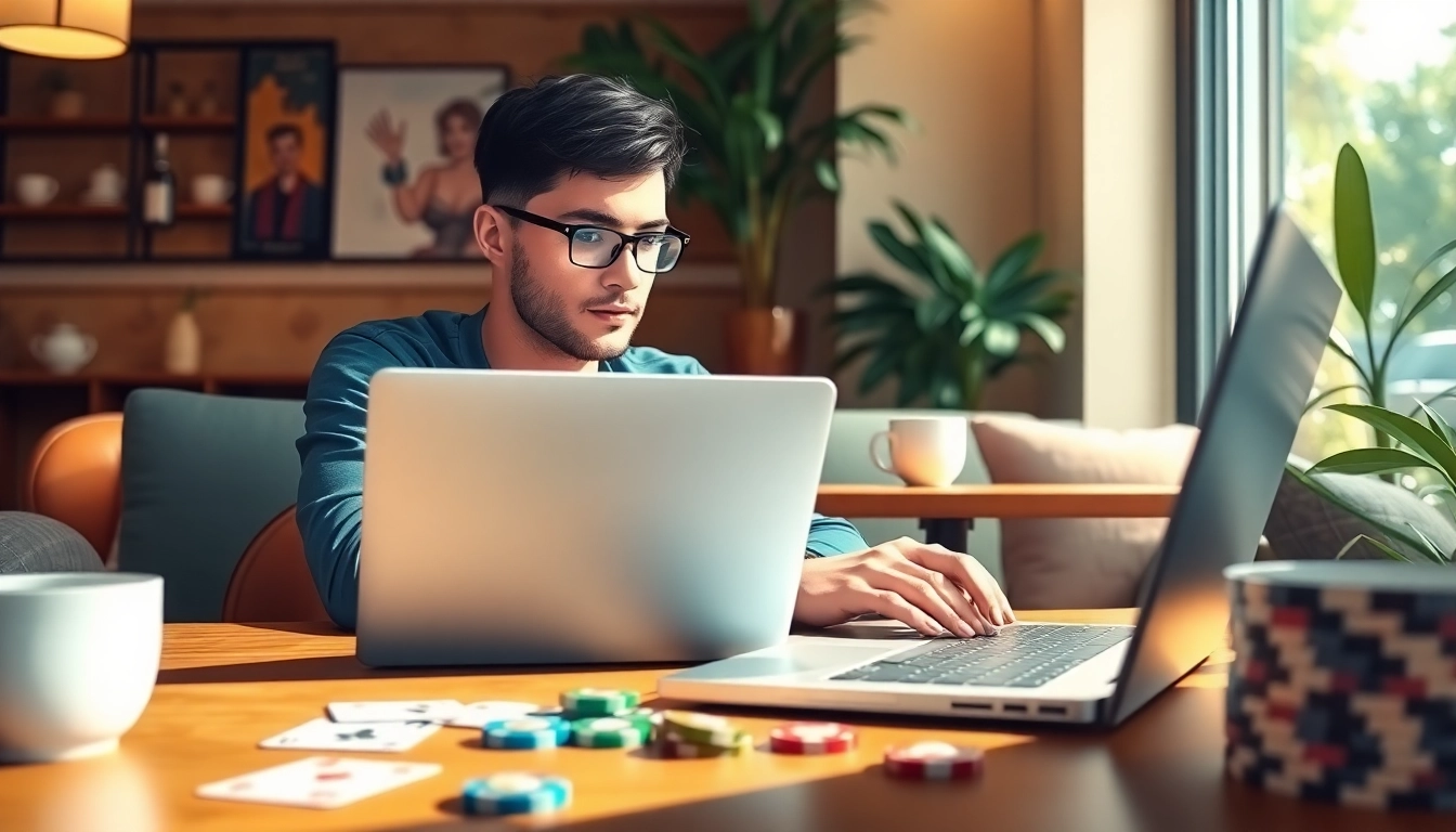 Utilisation de l'application poker sur un ordinateur portable dans un café chaleureux.