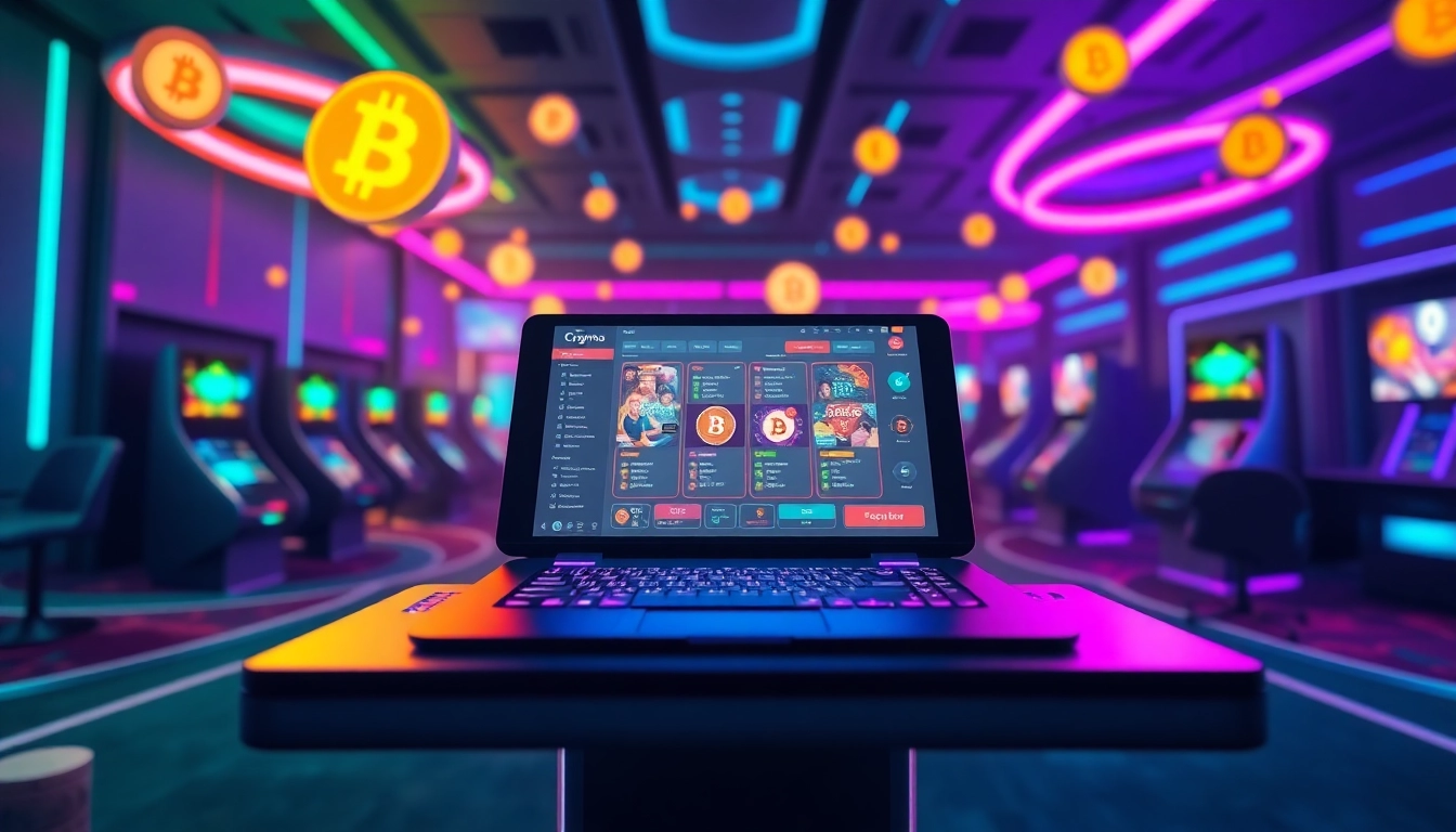 Jouer à des jeux dans un crypto casino moderne avec des lumières vives et des symboles de cryptomonnaie.