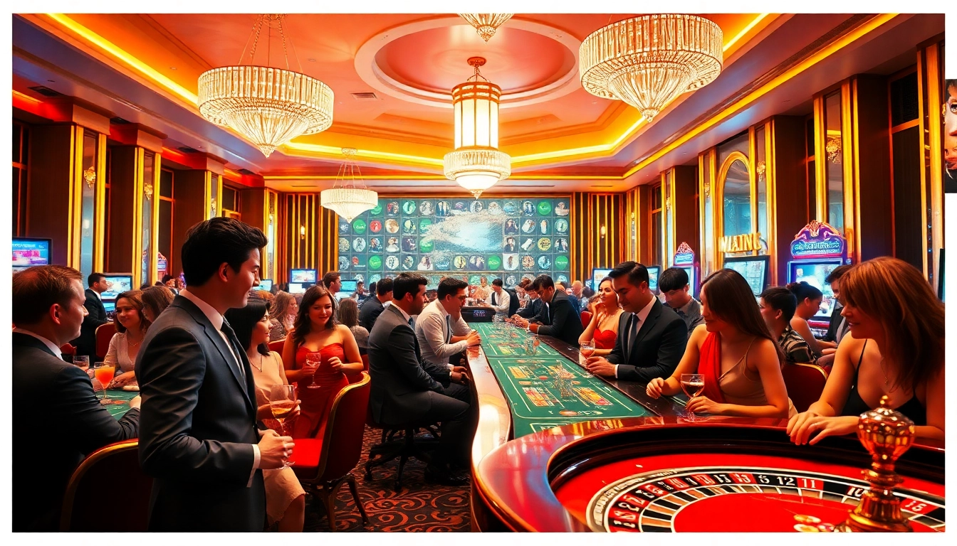 Joueurs enthousiastes jouant à casino en ligne entourés de lumières vives et d'une ambiance glamour. related image