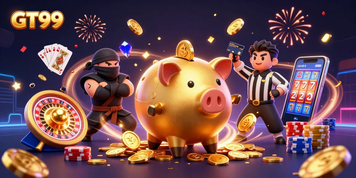 GT99 promo scene with a golden piggy bank sumo wrestler and gaming elements celebrating casino wins.