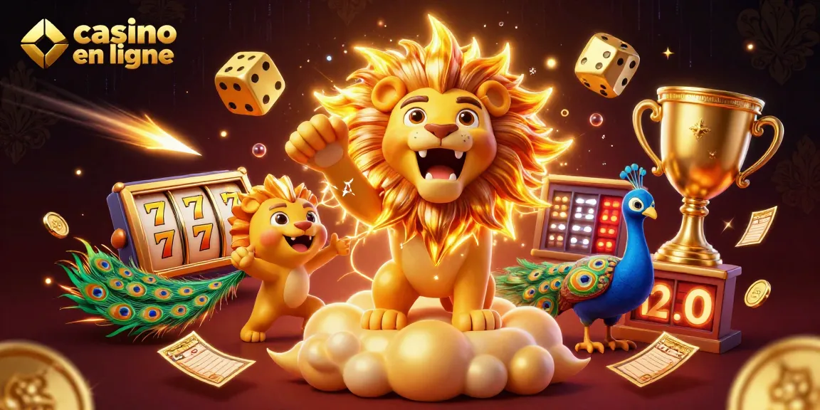 Jouez à des jeux de casino en ligne avec un lion en 3D sur un nuage doré.