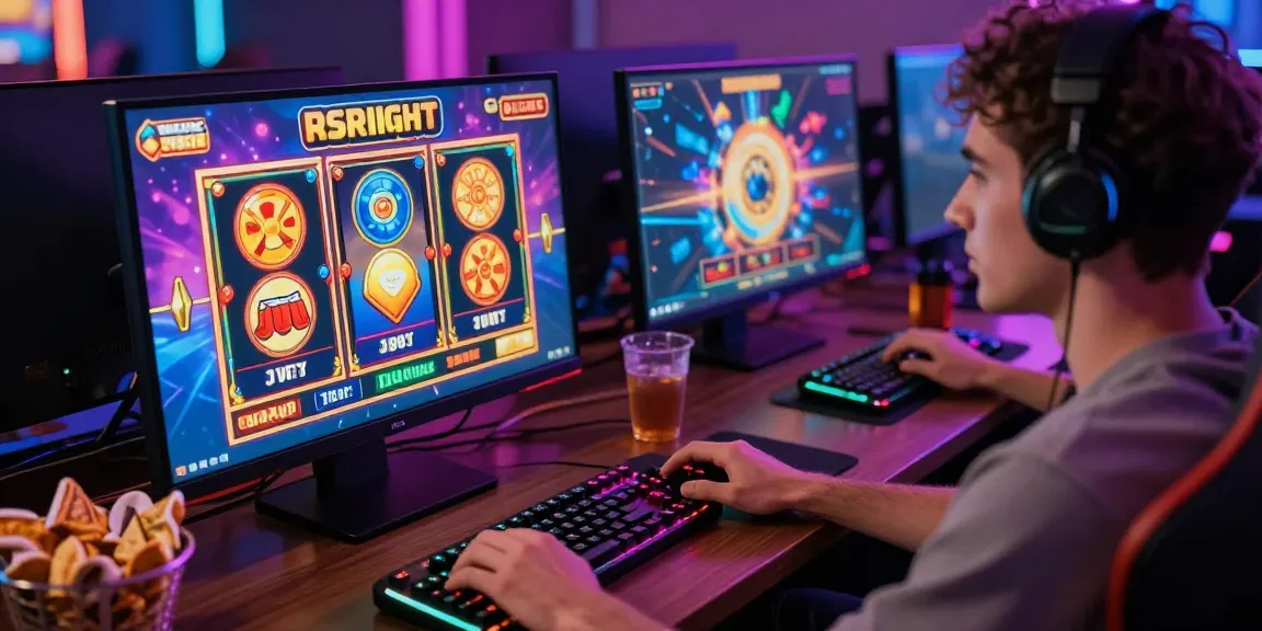 Joueur de casino en ligne s'amusant sur son ordinateur avec des jeux colorés et une atmosphère excitante.