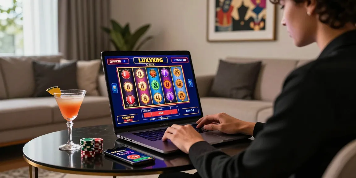 Expérience immersive de casino en ligne avec un joueur concentré sur son ordinateur portable entouré de jetons de casino et une boisson, ambiance chic et moderne.