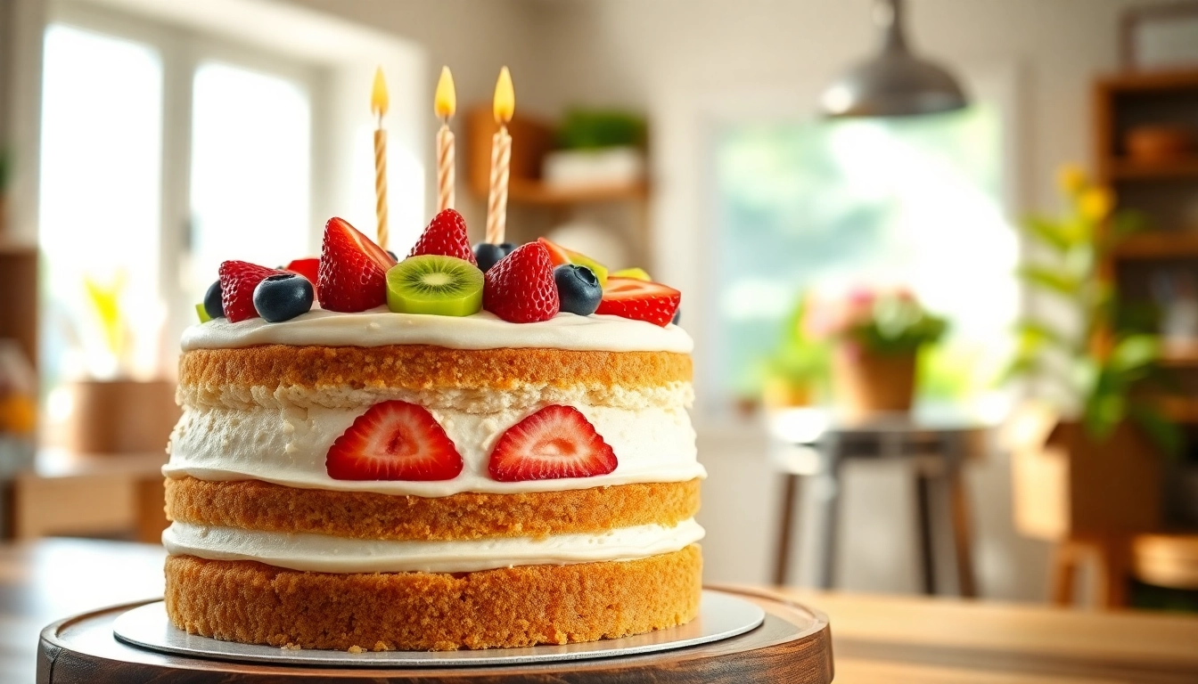 Créez un VEGAN BIRTHDAY CAKE festif rempli de fruits colorés et décoré avec des bougies.