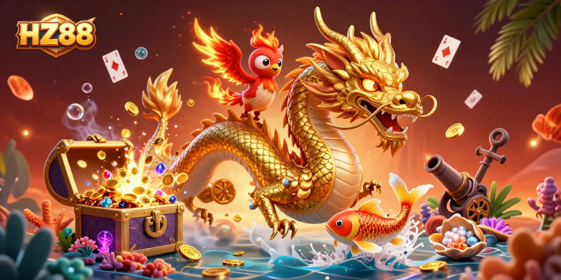 Experience winning moments at HZ88 with vibrant casino elements and dynamic dragon imagery.