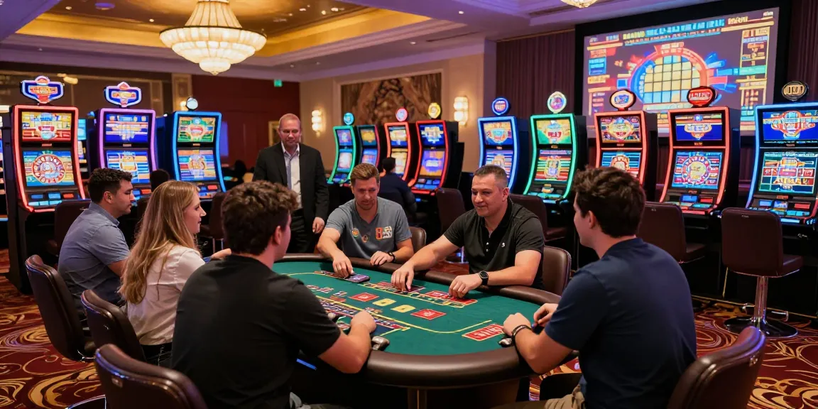 casino fiable en ligne avec joueurs sur une table animée et machines à sous brillantes