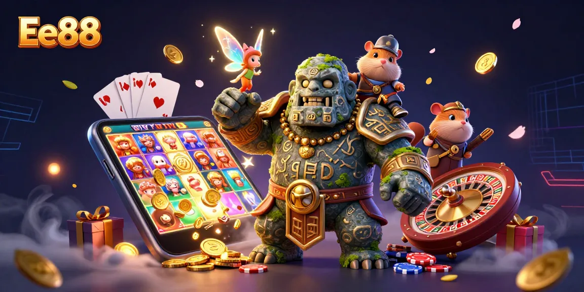 Spin the reels at Ee88 with a magical 3D golem, fairy, and hamster knight in action