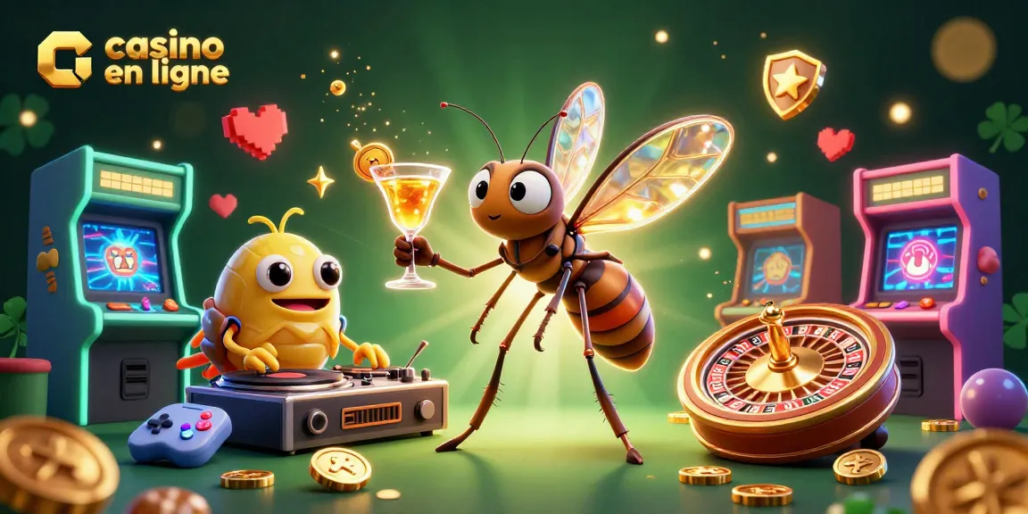 Découvrez le casino en ligne avec un moustique mascotte et un DJ trilobite dans une animation dynamique.