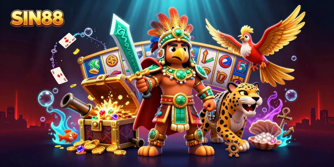 Experience dynamic gaming adventures with SIN88, featuring a vibrant 3D Aztec scene and slots.