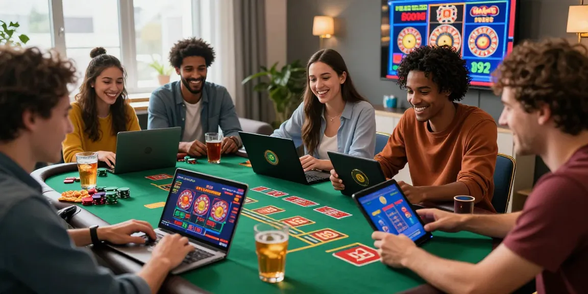 Scène de casino en ligne avec des amis jouant au blackjack, ambiance chaleureuse, jeux colorés visibles.