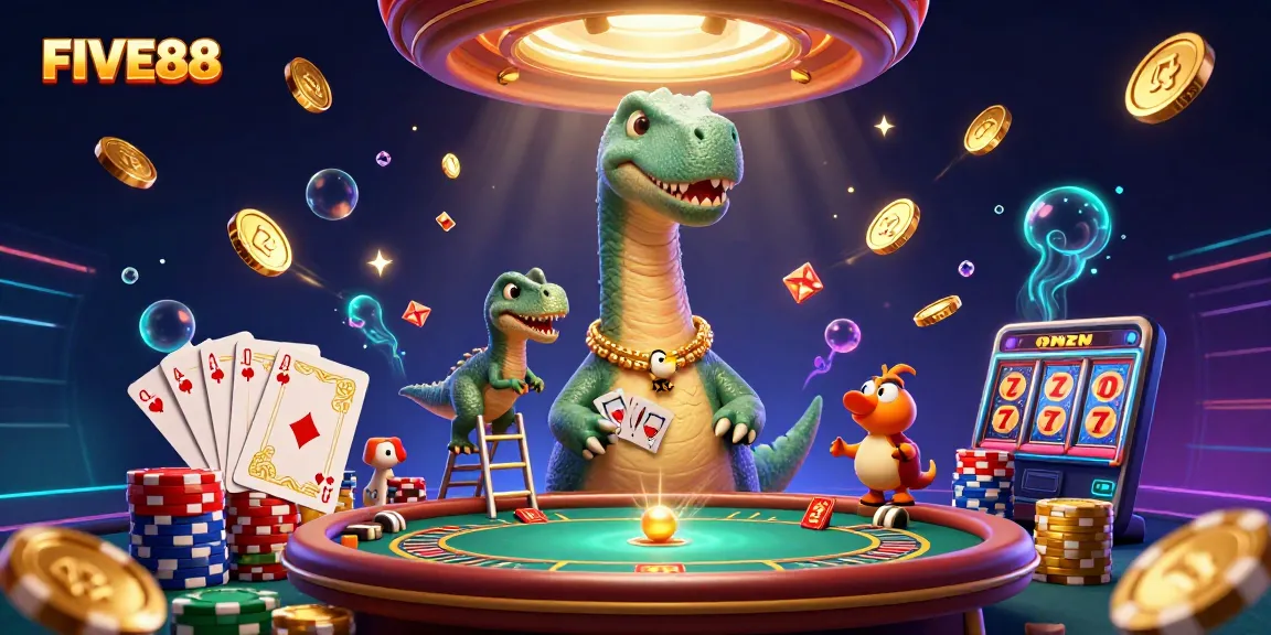 Experience magical gameplay at FIVE88 with a towering brontosaurus, vibrant poker action, and animated casino visuals.
