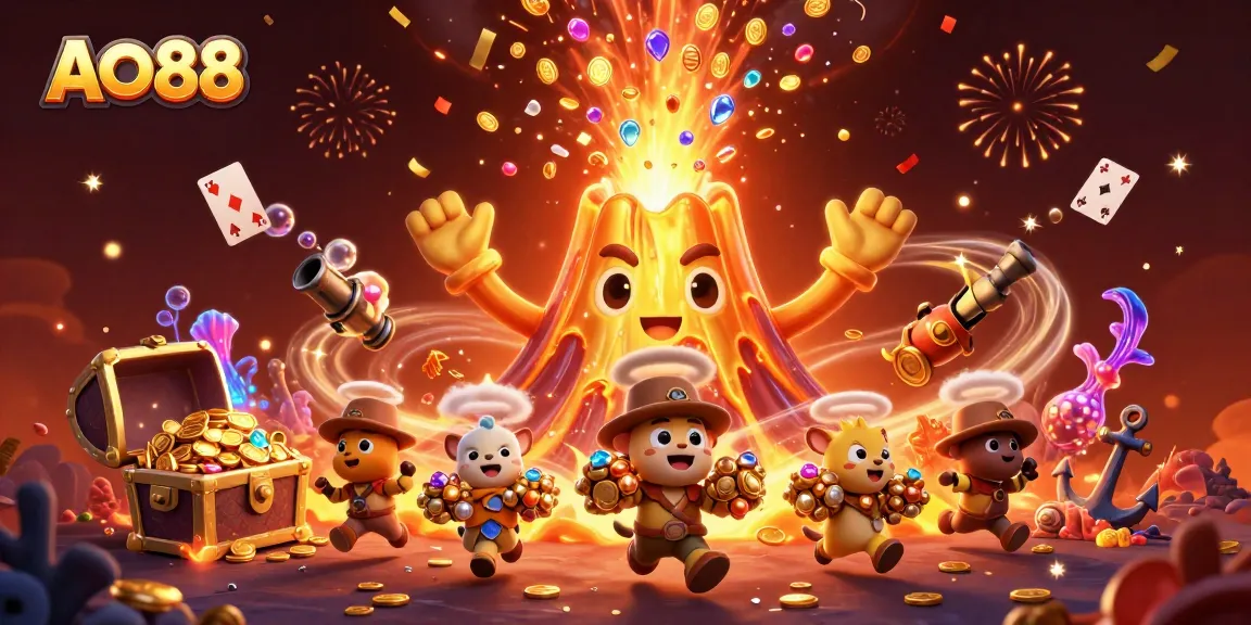 AO88 showcases a vibrant casino scene with a golden volcano spilling treasures, enhancing the gaming thrill.