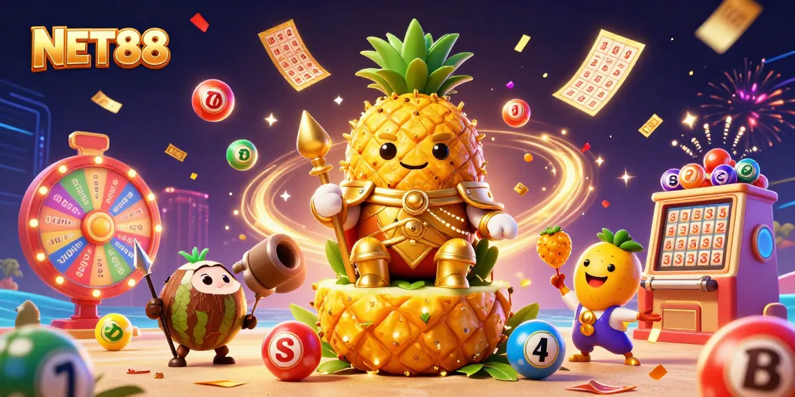Experience the excitement of NET88 with a vibrant 3D casino scene celebrating gaming and fun.