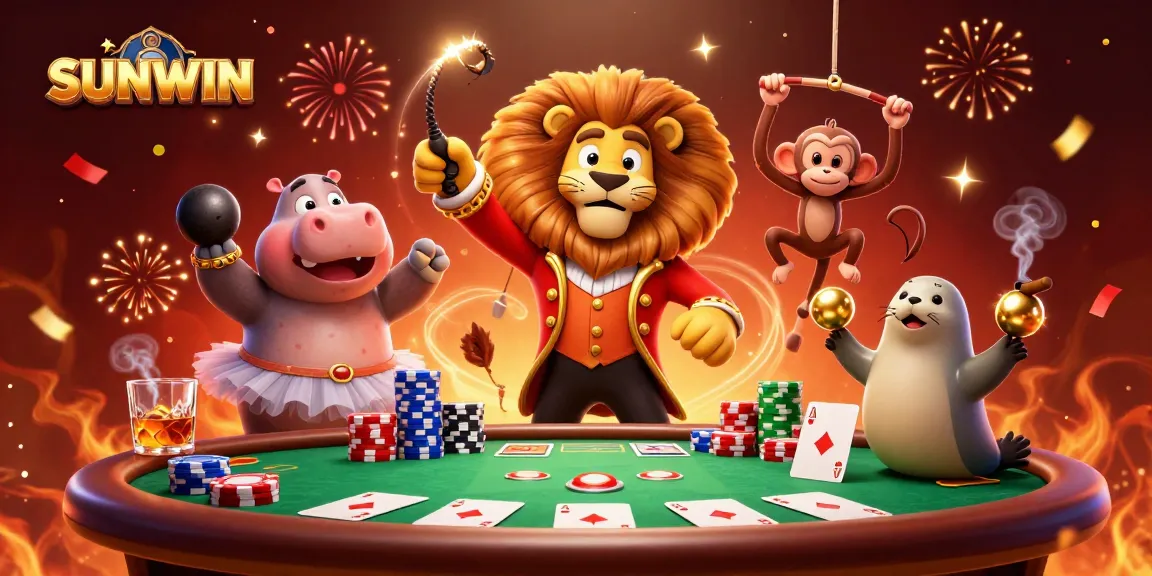 SUNWIN showcases a whimsical scene with a circus ringmaster lion, hippo, monkey, and seal amidst casino elements.